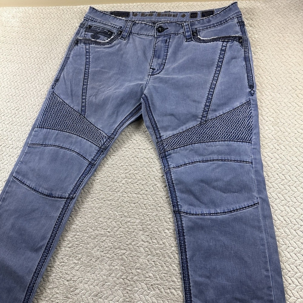 Rock Revival Sycamore Biker Jeans Mens 40x34 Blue Light Wash Skinny Denim Pants - Picture 4 of 16